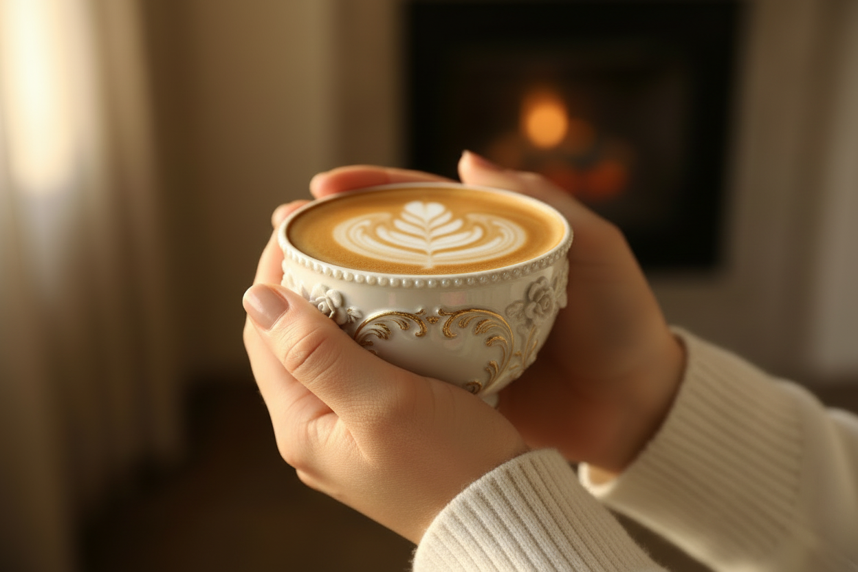 change the hands to be cupping it as if to be enjoying the warmth from the cup