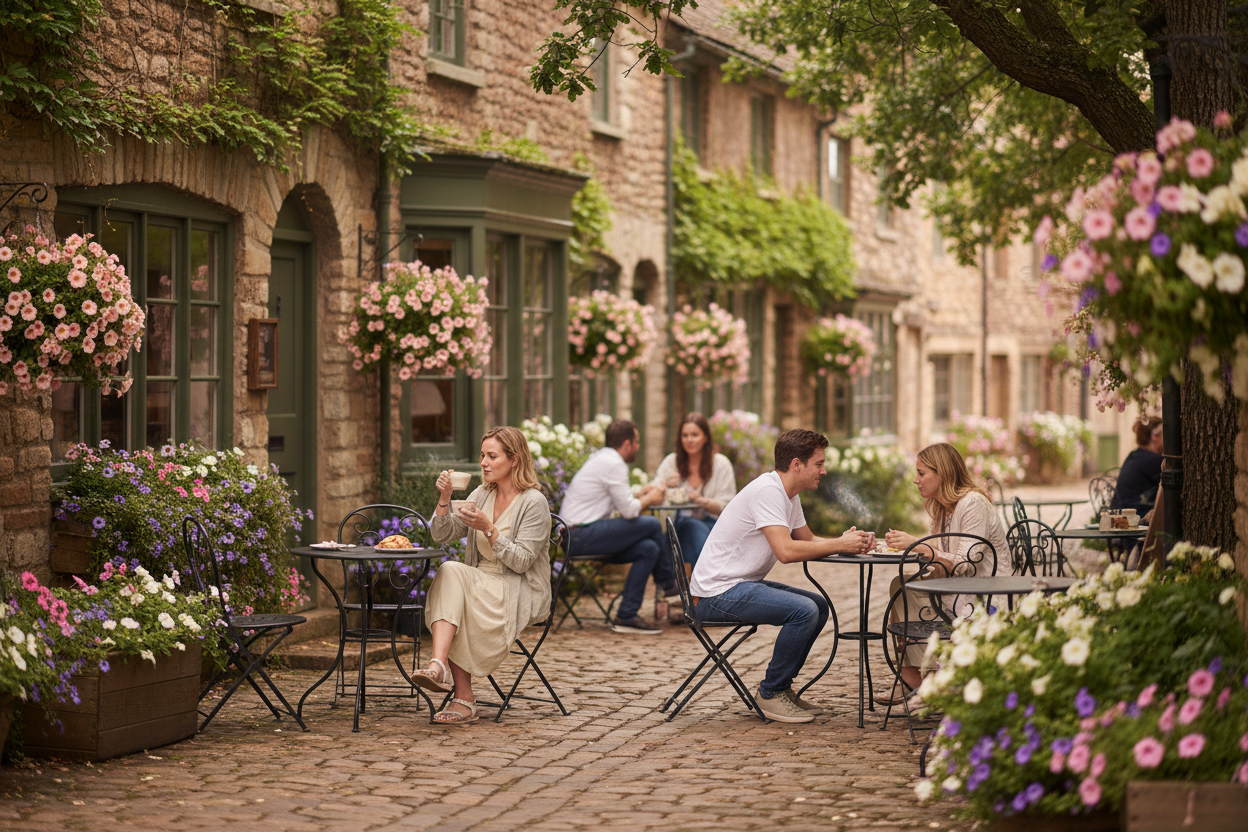 create an image of people sitting at a romantic street side coffee shop in a quaint village enjoying each others company over coffee and enjoying the journey of being where they are. the image should invoke a feeling of calmness and a positive atmosphere
